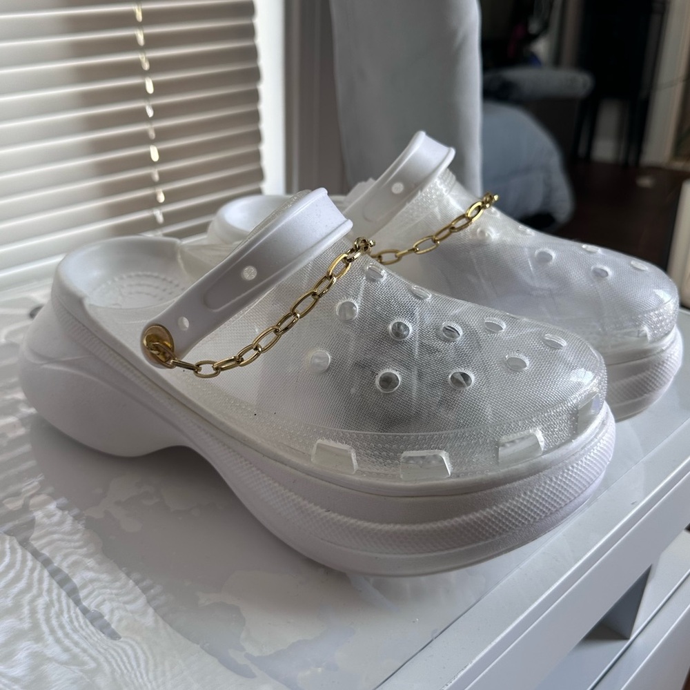 White Platform Clogs with Gold Chain